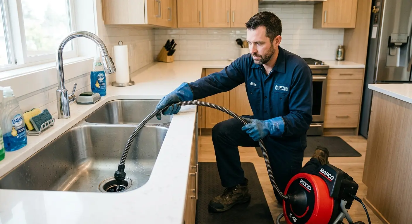Drain cleaning technician using a motorized snake on a kitchen sink in Wilmington