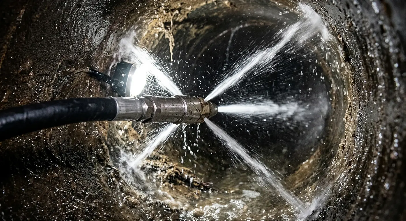 High-pressure hydro jetting nozzle cleaning sewer pipe for Trenchless Sewer Repair in Wilmington