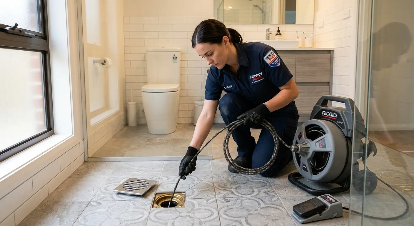 Technician clearing a bathroom floor drain for Sewer Line Installation in Wilmington
